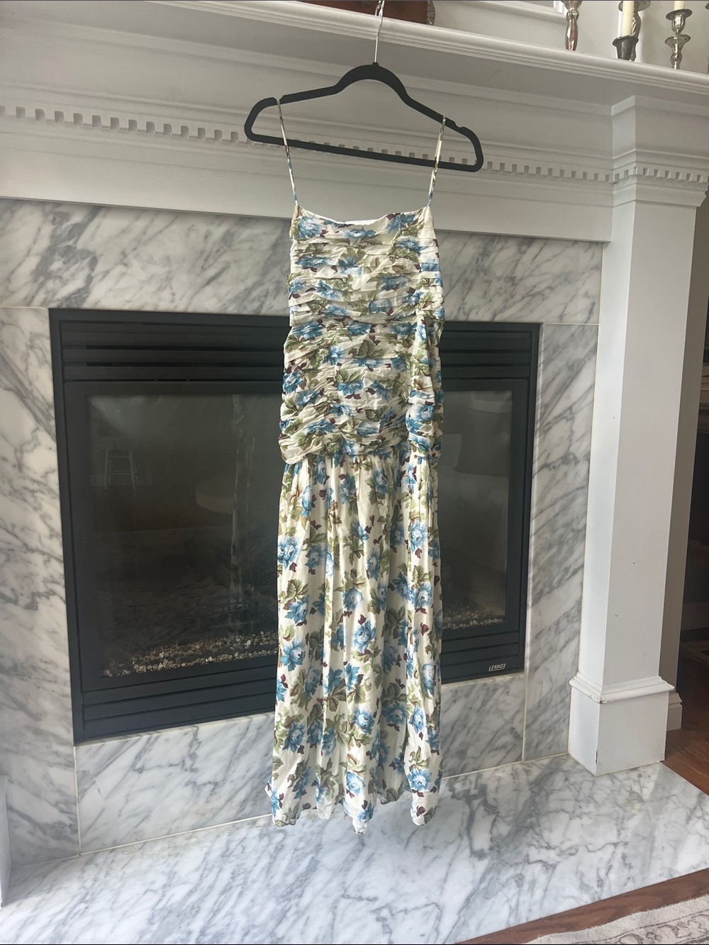 Posse Cream Floral Midi Dress with Blue & Green Print